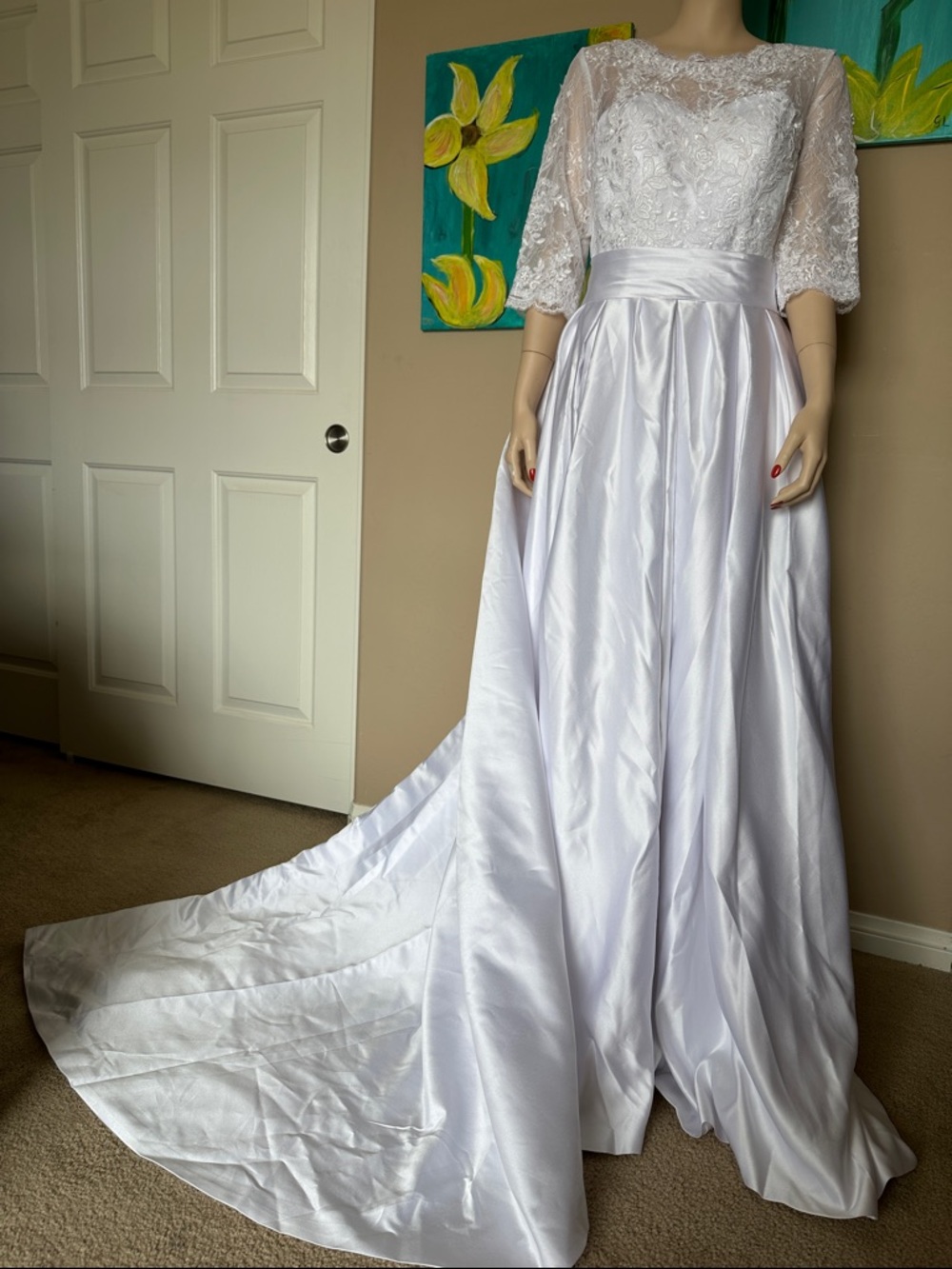 White Lace Bodice Satin Wedding Dress
